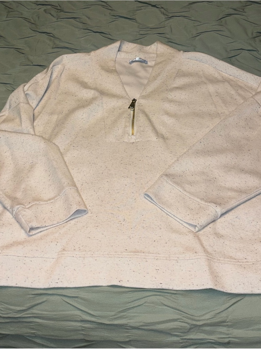 Cable & Gauge Cream Speckled V-Neck Half-Zip Sweater